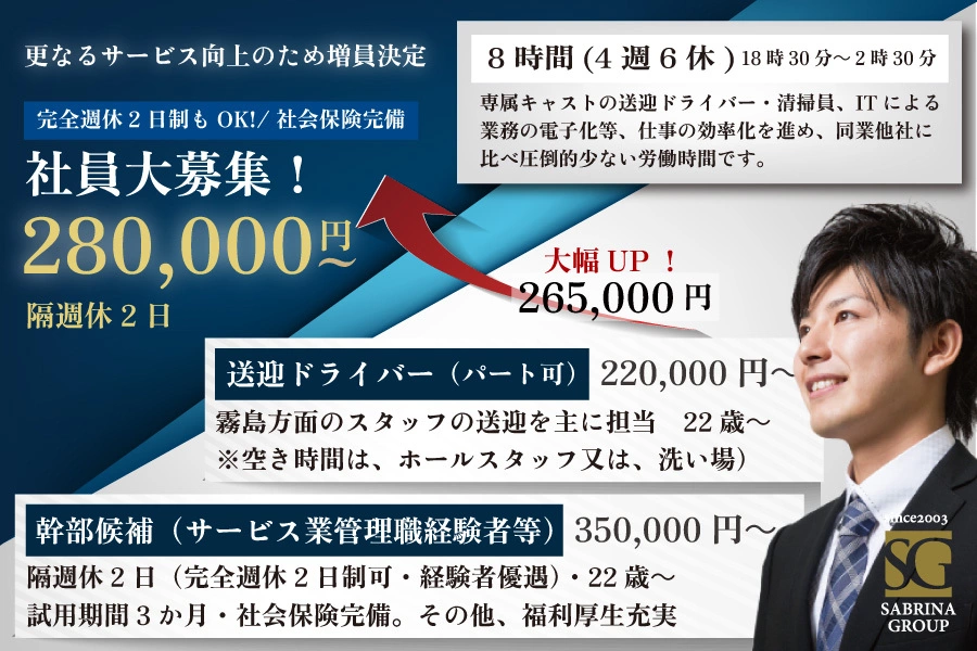 都城市 牟田町 ハルディン ホール・黒服（社員）求人